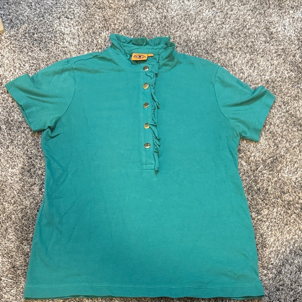 Tory Burch green Button-Up Ruffle Collar Top